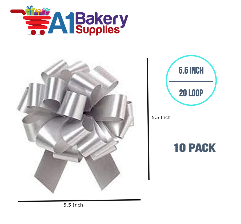 A1BakerySupplies 10 Pieces Pull Bow for Gift Wrapping Gift Bows Pull Bow With Ribbon for Wedding Gift Baskets, 5.5 Inch 20 Loop in Silver Color
