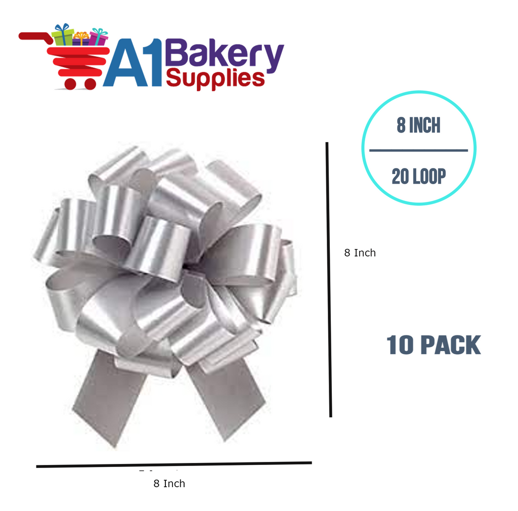 A1BakerySupplies 10 Pieces Pull Bow for Gift Wrapping Gift Bows Pull Bow With Ribbon for Wedding Gift Baskets, 8 Inch 20 Loop in Silver Color