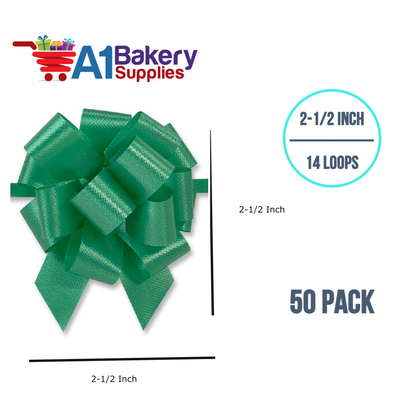 A1BakerySupplies 50 Pieces Pull Bow for Gift Wrapping Gift Bows Pull Bow With Ribbon for Wedding Gift Baskets, 2.5 Inch 14 Loop Emerald Green Flora Satin Color