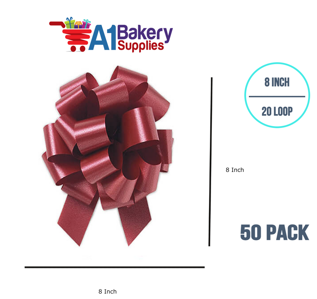 A1BakerySupplies 50 Pieces Pull Bow for Gift Wrapping Gift Bows Pull Bow With Ribbon for Wedding Gift Baskets, 8 Inch 20 Loop Marsala Maroon Flora Satin Color