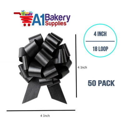 A1BakerySupplies 50 Pieces Pull Bow for Gift Wrapping Gift Bows Pull Bow With Ribbon for Wedding Gift Baskets, 4 Inch 18 Loop Black Flora Satin Color