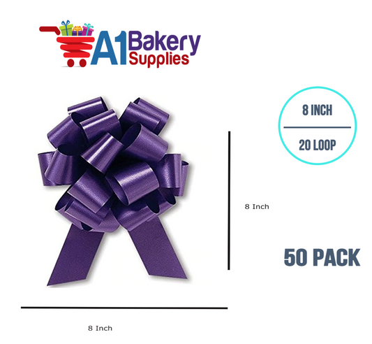 A1BakerySupplies 50 Pieces Pull Bow for Gift Wrapping Gift Bows Pull Bow With Ribbon for Wedding Gift Baskets, 8 Inch 20 Loop Purple Flora Satin Color