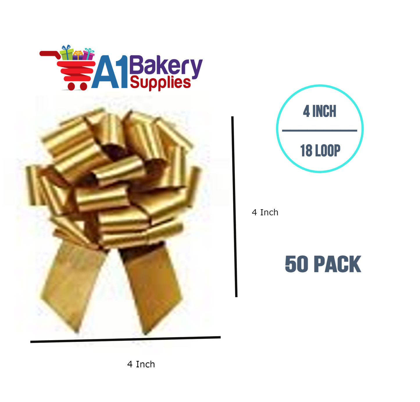 A1BakerySupplies 50 Pieces Pull Bow for Gift Wrapping Gift Bows Pull Bow With Ribbon for Wedding Gift Baskets, 4 Inch 18 Loop Antique Gold Flora Satin Color