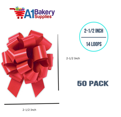 A1BakerySupplies 50 Pieces Pull Bow for Gift Wrapping Gift Bows Pull Bow With Ribbon for Wedding Gift Baskets, 2.5 Inch 14 Loop in Hot Red Flora Satin Color