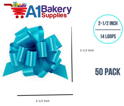 A1BakerySupplies 50 Pieces Pull Bow for Gift Wrapping Gift Bows Pull Bow With Ribbon for Wedding Gift Baskets, 2.5 Inch 14 Loop Turquoise Flora Satin Color