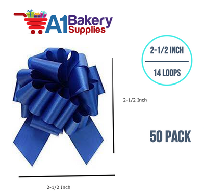 A1BakerySupplies 50 Pieces Pull Bow for Gift Wrapping Gift Bows Pull Bow With Ribbon for Wedding Gift Baskets, 2.5 Inch 14 Loop Royal Blue Flora Satin Color