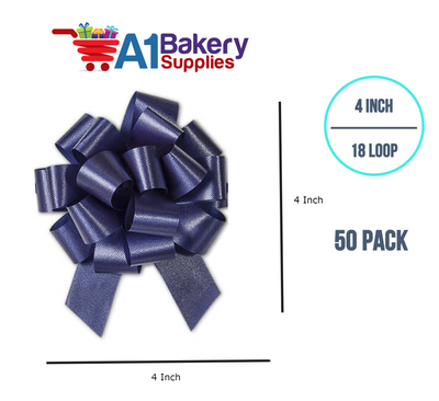 A1BakerySupplies 50 Pieces Pull Bow for Gift Wrapping Gift Bows Pull Bow With Ribbon for Wedding Gift Baskets, 4 Inch 18 Loop Navy Blue Flora Satin Color