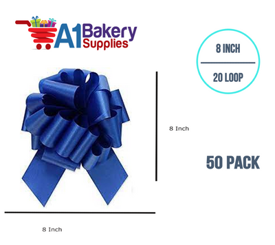 A1BakerySupplies 50 Pieces Pull Bow for Gift Wrapping Gift Bows Pull Bow With Ribbon for Wedding Gift Baskets, 8 Inch 20 Loop Royal Blue Flora Satin Color