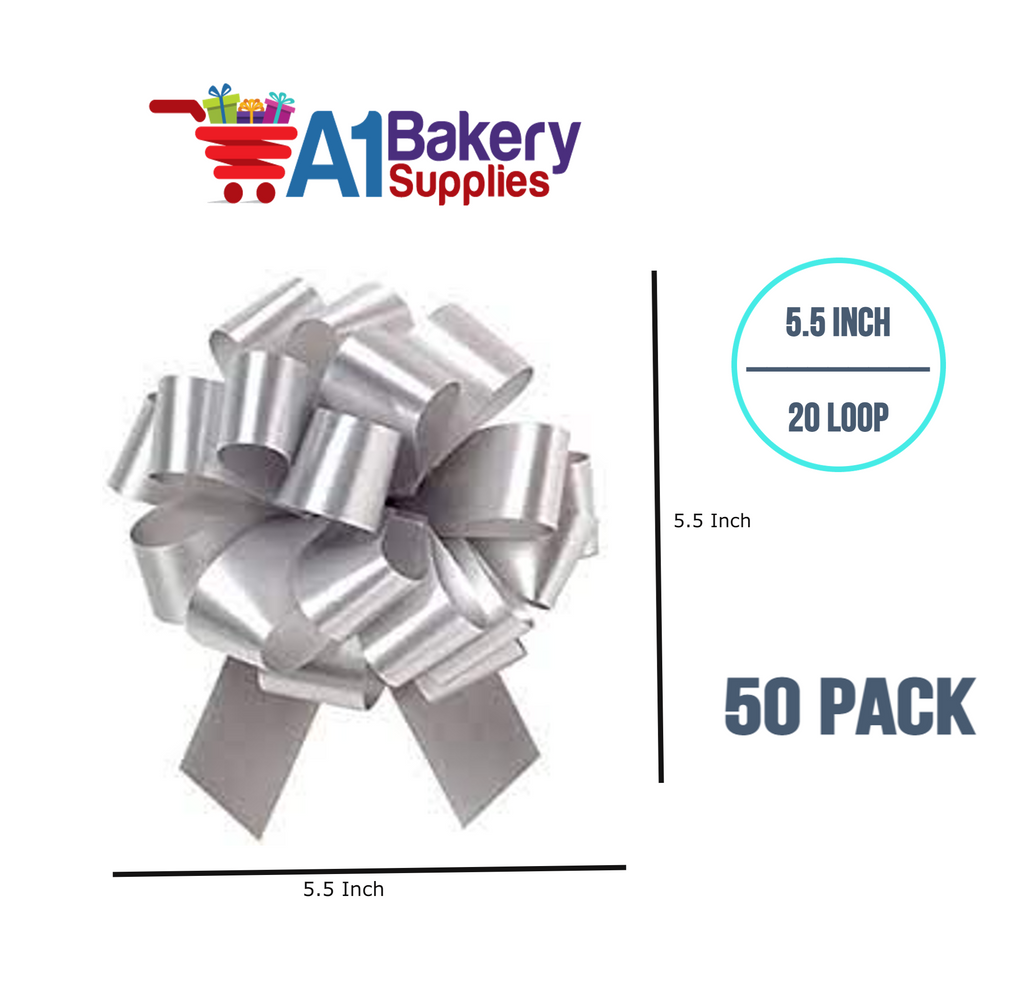 A1BakerySupplies 50 Pieces Pull Bow for Gift Wrapping Gift Bows Pull Bow With Ribbon for Wedding Gift Baskets, 5.5 Inch 20 Loop in Silver Color
