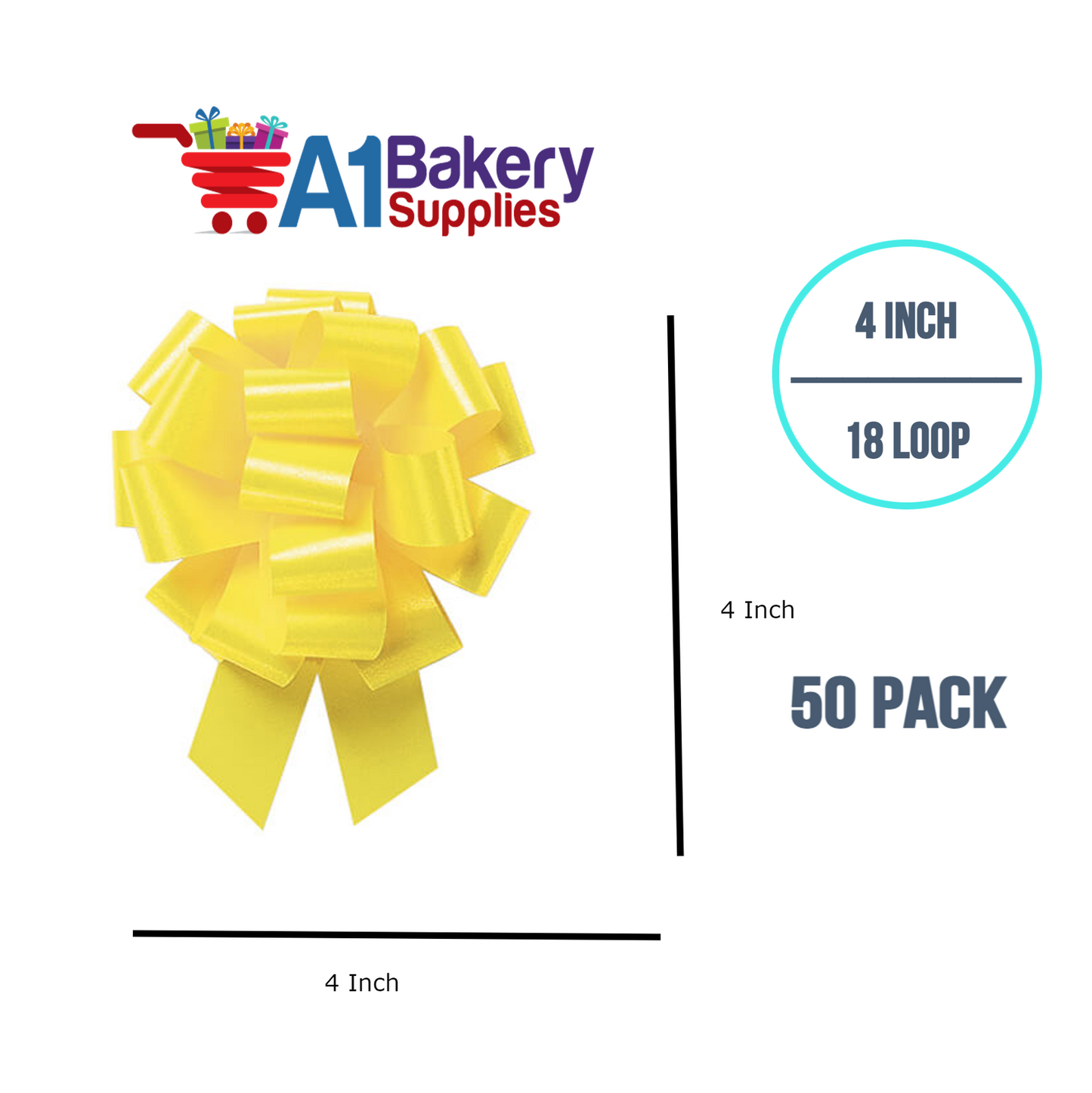 A1BakerySupplies 50 Pieces Pull Bow for Gift Wrapping Gift Bows Pull Bow With Ribbon for Wedding Gift Baskets, 4 Inch 18 Loop Yellow Daffodil Flora Satin Color