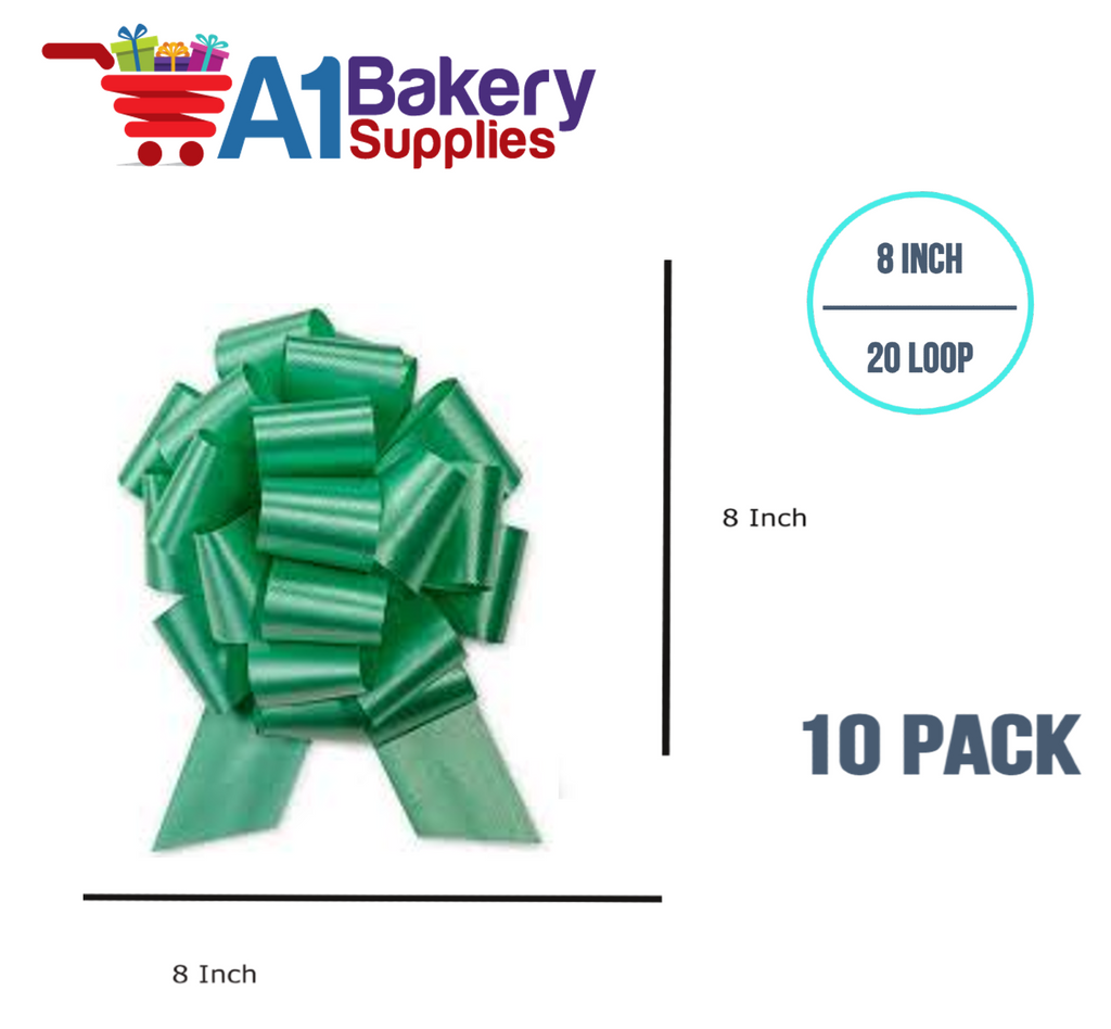 A1BakerySupplies 10 Pieces Pull Bow for Gift Wrapping Gift Bows Pull Bow With Ribbon for Wedding Gift Baskets, 8 Inch 20 Loop Emerald Green Flora Satin Color