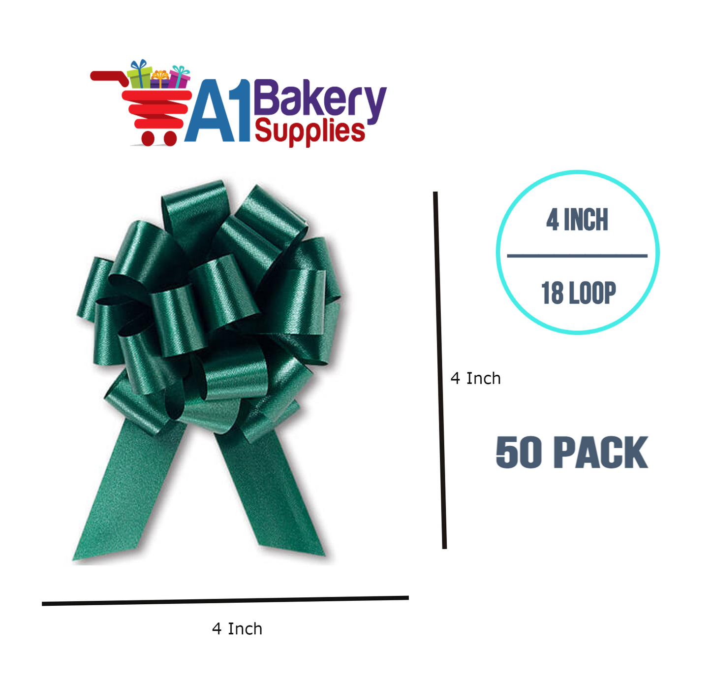A1BakerySupplies 50 Pieces Pull Bow for Gift Wrapping Gift Bows Pull Bow With Ribbon for Wedding Gift Baskets, 4 Inch 18 Loop Hunter Green Flora Satin Color