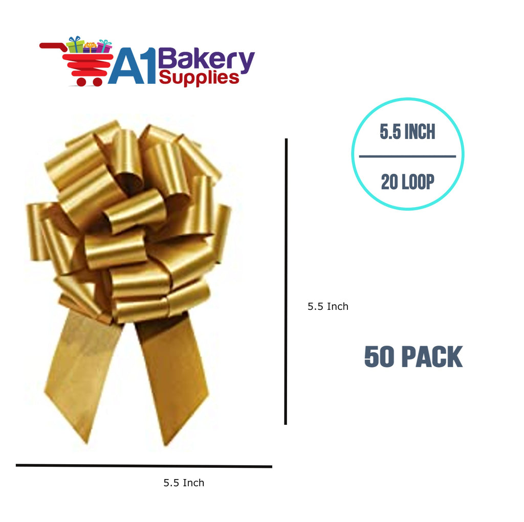 A1BakerySupplies 50 Pieces Pull Bow for Gift Wrapping Gift Bows Pull Bow With Ribbon for Wedding Gift Baskets, 5.5 Inch 20 Loop in Antique Gold Color