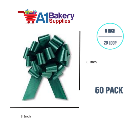 A1BakerySupplies 50 Pieces Pull Bow for Gift Wrapping Gift Bows Pull Bow With Ribbon for Wedding Gift Baskets, 8 Inch 20 Loop Hunter Green Flora Satin Color