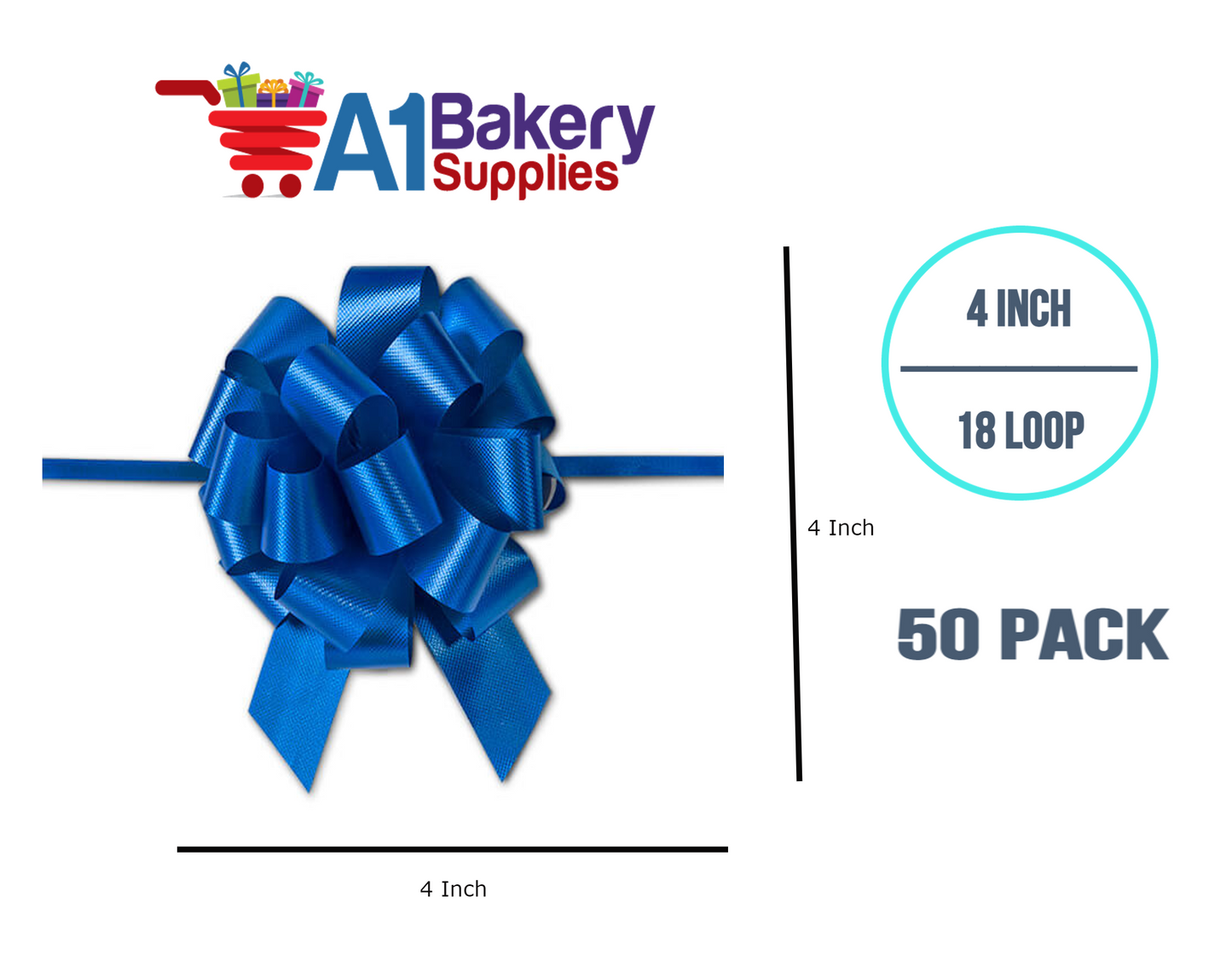 A1BakerySupplies 50 Pieces Pull Bow for Gift Wrapping Gift Bows Pull Bow With Ribbon for Wedding Gift Baskets, 4 Inch 18 Loop Royal Blue Flora Satin Color