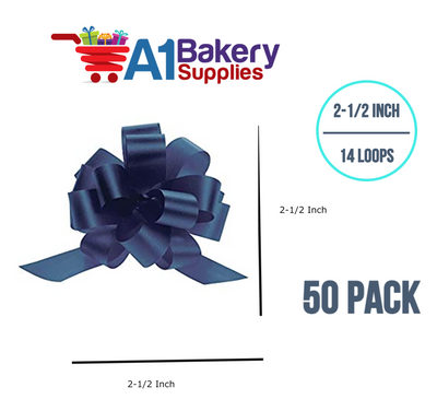 A1BakerySupplies 50 Pieces Pull Bow for Gift Wrapping Gift Bows Pull Bow With Ribbon for Wedding Gift Baskets, 2.5 Inch 14 Loop Navy Blue Flora Satin Color