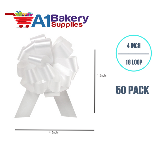 A1BakerySupplies 50 Pieces Pull Bow for Gift Wrapping Gift Bows Pull Bow With Ribbon for Wedding Gift Baskets, 4 Inch 18 Loop White Flora Satin Color