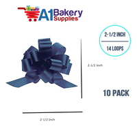 A1BakerySupplies 10 Pieces Pull Bow for Gift Wrapping Gift Bows Pull Bow With Ribbon for Wedding Gift Baskets, 2.5 Inch 14 Loop Navy Blue Flora Satin Color