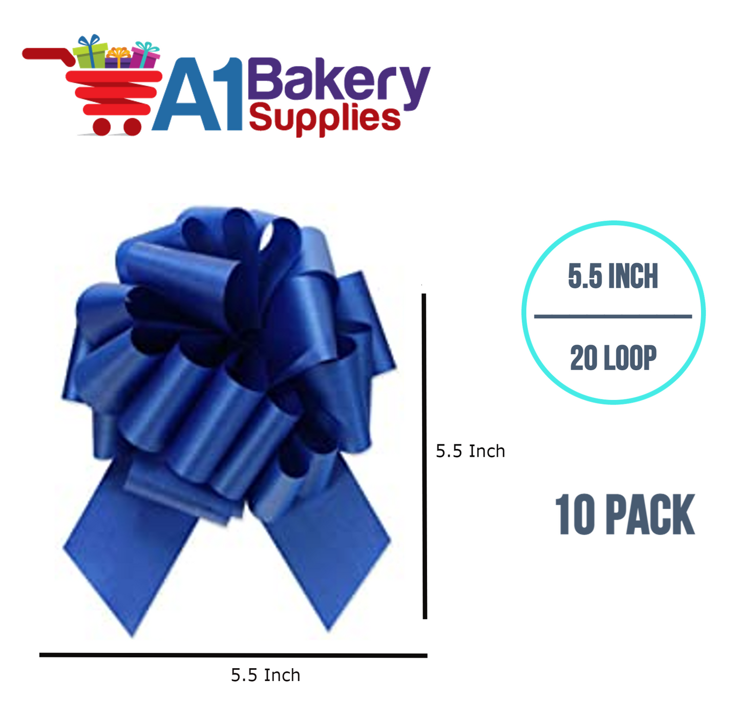 A1BakerySupplies 10 Pieces Pull Bow for Gift Wrapping Gift Bows Pull Bow With Ribbon for Wedding Gift Baskets, 5.5 Inch 20 Loop in Royal Blue Color