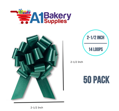 A1BakerySupplies 50 Pieces Pull Bow for Gift Wrapping Gift Bows Pull Bow With Ribbon for Wedding Gift Baskets, 2.5 Inch 14 Loop Hunter Green Flora Satin Color