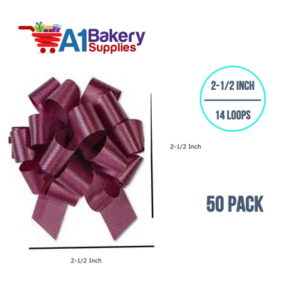 A1BakerySupplies 50 Pieces Pull Bow for Gift Wrapping Gift Bows Pull Bow With Ribbon for Wedding Gift Baskets, 2.5 Inch 14 Loop Marsala Maroon Flora Satin Color
