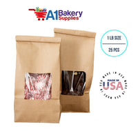 1 LB Size Brown Square Window Tin Tie Bags 25 PCS 9 3/4 Inch (Length) x 4 1/4 Inch (Width) x 2 1/2 Inch (Gusset) Kraft  Bakery Bags with Square Window Resealable Tin Tie Tab Lock Poly-Lined Bags Kraft Paper Bags for Cookies, Coffee