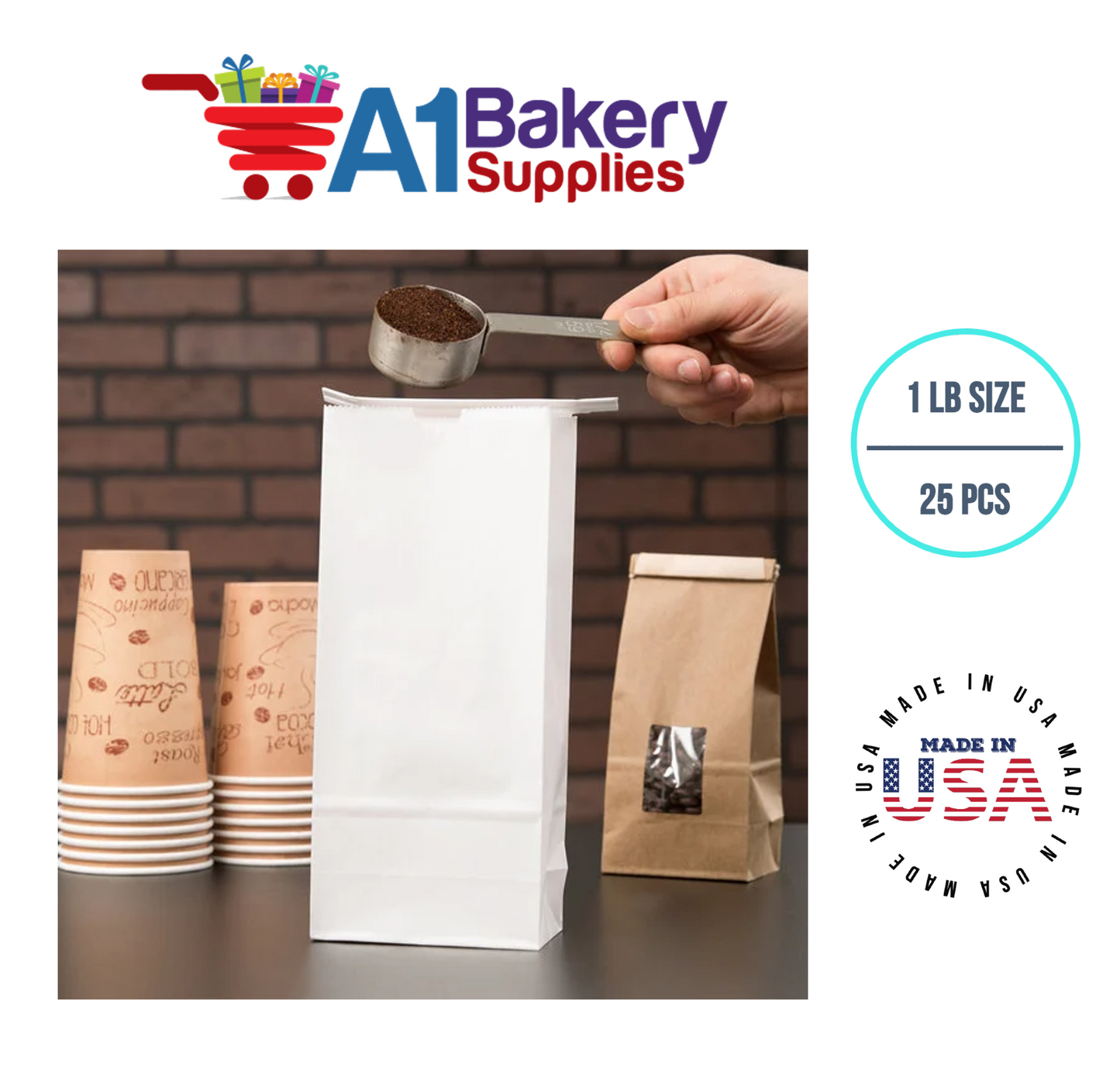 1 LB Size White No Window Tin Tie Bags 25 PCS  White  Bakery Bags with No Window Resealable Tin Tie Tab Lock Poly-Lined Bags White Paper Bags for Cookies, Coffee