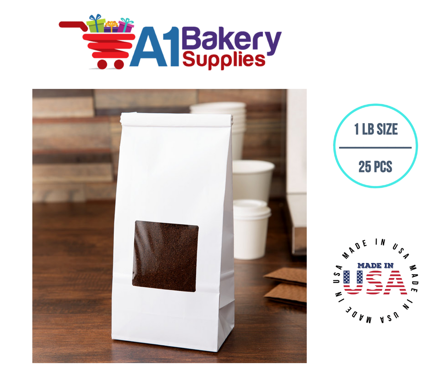 1 LB Size White Square Window Tin Tie Bags 25 PCS White  Bakery Bags with Square Window Resealable Tin Tie Tab Lock Poly-Lined Bags White Paper Bags for Cookies, Coffee