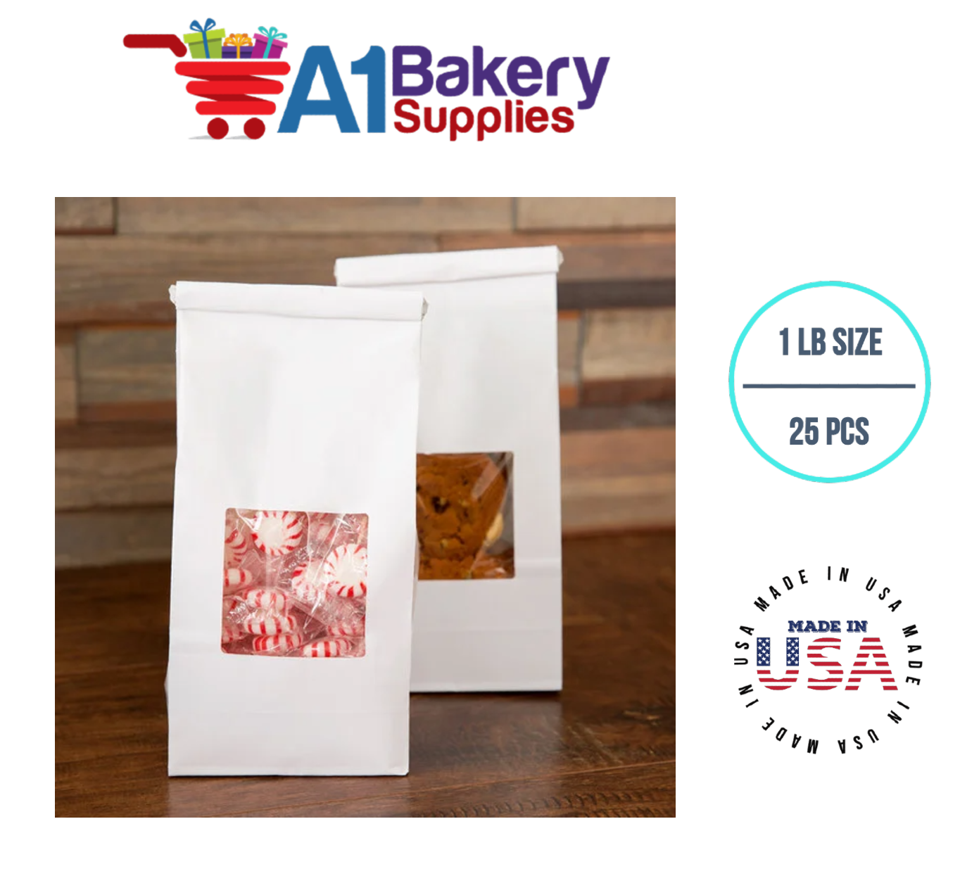 1 LB Size White Square Window Tin Tie Bags 25 PCS White  Bakery Bags with Square Window Resealable Tin Tie Tab Lock Poly-Lined Bags White Paper Bags for Cookies, Coffee