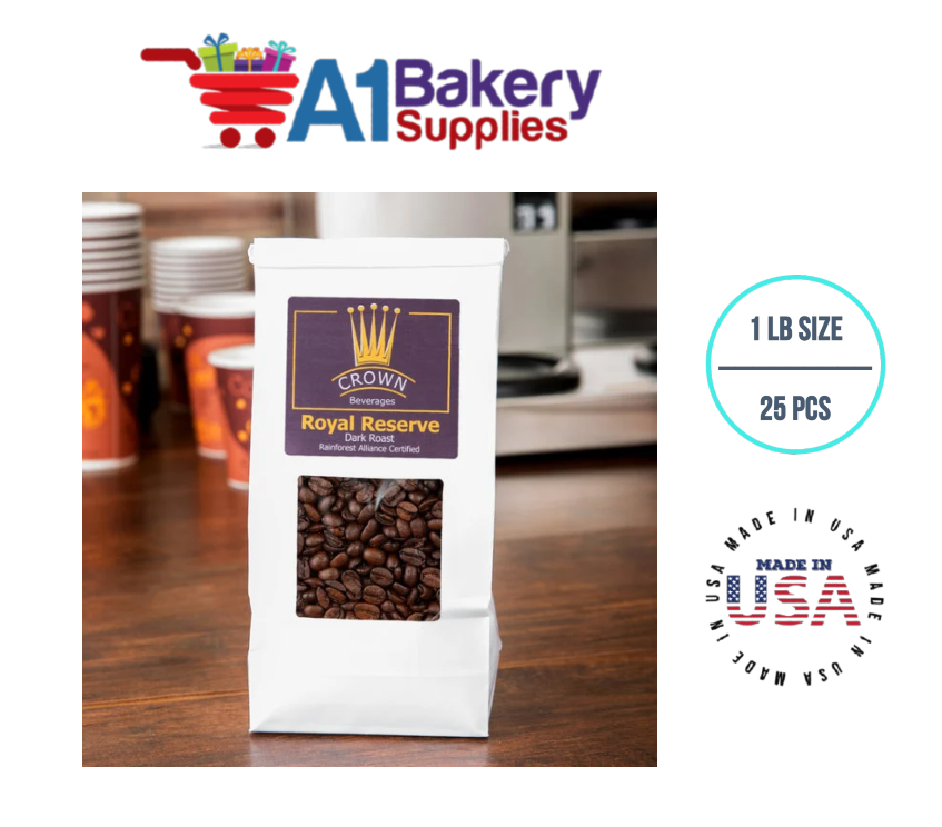 1 LB Size White Square Window Tin Tie Bags 25 PCS White  Bakery Bags with Square Window Resealable Tin Tie Tab Lock Poly-Lined Bags White Paper Bags for Cookies, Coffee