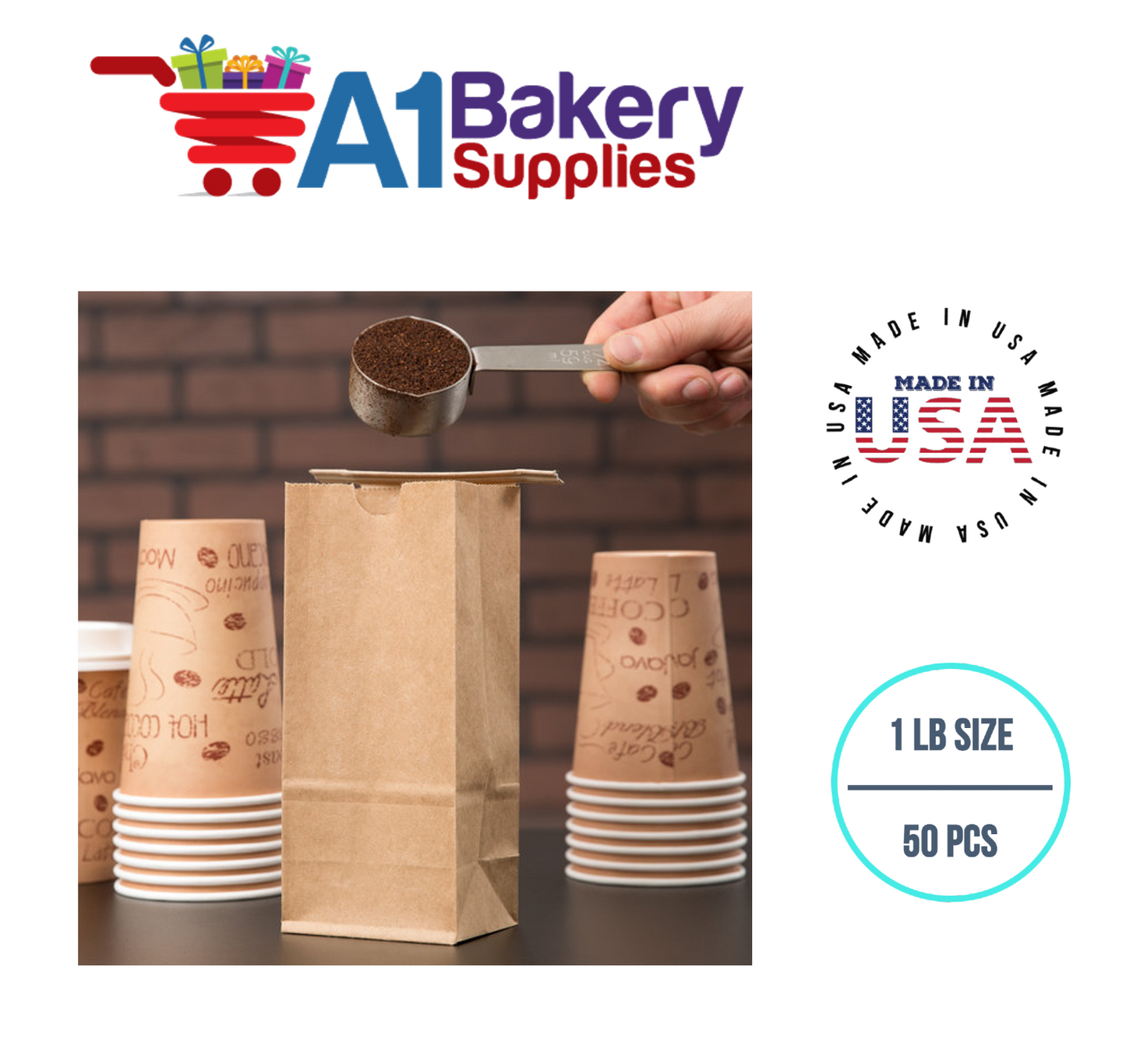 1 LB Size Brown No Window Tin Tie Bags 50 PCS Kraft  Bakery Bags with No Window Resealable Tin Tie Tab Lock Poly-Lined Bags Kraft Paper Bags for Cookies, Coffee