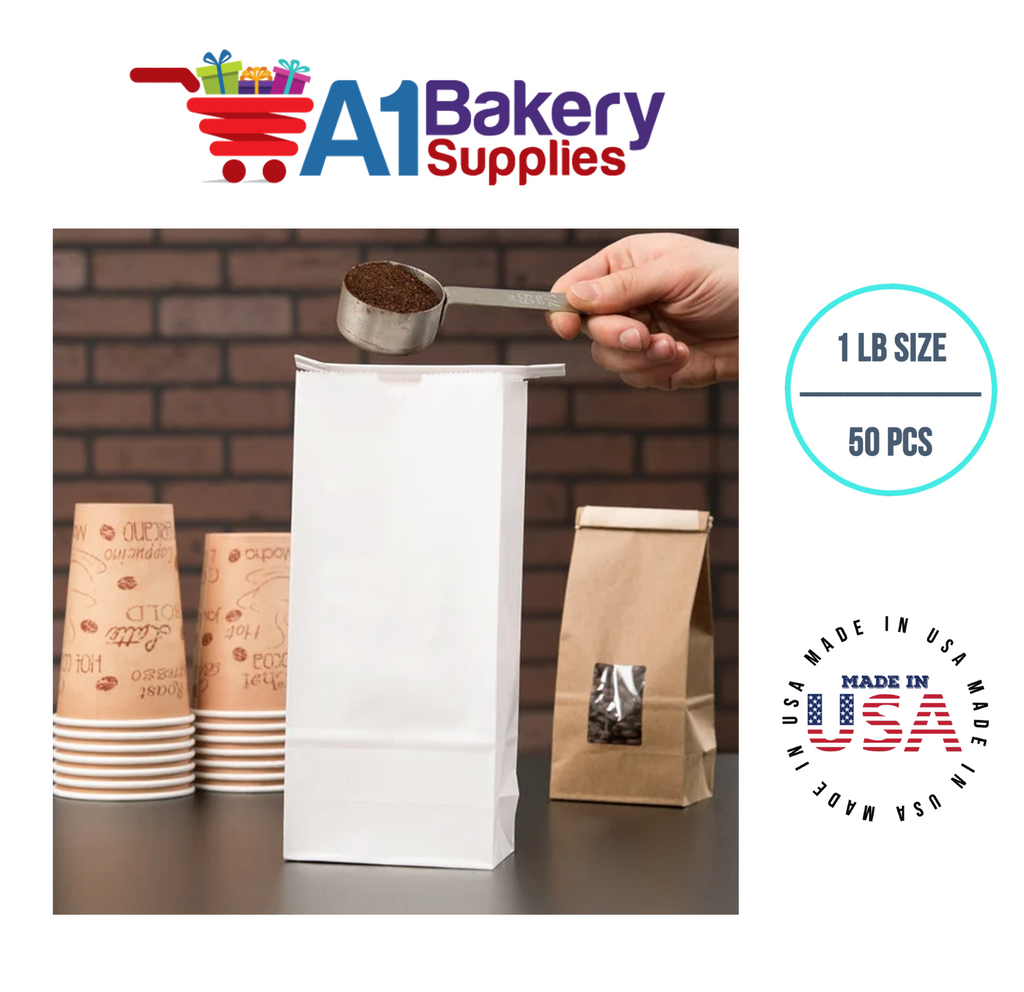 1 LB Size White No Window Tin Tie Bags 50 PCS   9 3/4 Inch (Length) x 4 1/4 Inch (Width) x 2 1/2 Inch (Gusset) White  Bakery Bags with No Window Resealable Tin Tie Tab Lock Poly-Lined Bags White Paper Bags for Cookies, Coffee