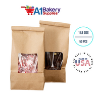 1 LB Size Brown Square Window Tin Tie Bags 50 PCS 9 3/4 Inch (Length) x 4 1/4 Inch (Width) x 2 1/2 Inch (Gusset) Kraft  Bakery Bags with Square Window Resealable Tin Tie Tab Lock Poly-Lined Bags Kraft Paper Bags for Cookies, Coffee