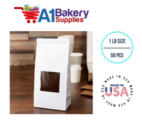 1 LB Size White Square Window Tin Tie Bags 50 PCS  White  Bakery Bags with Square Window Resealable Tin Tie Tab Lock Poly-Lined Bags White Paper Bags for Cookies, Coffee