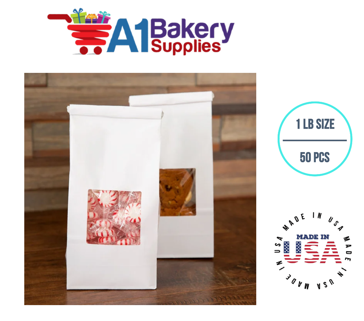 1 LB Size White Square Window Tin Tie Bags 50 PCS  White  Bakery Bags with Square Window Resealable Tin Tie Tab Lock Poly-Lined Bags White Paper Bags for Cookies, Coffee