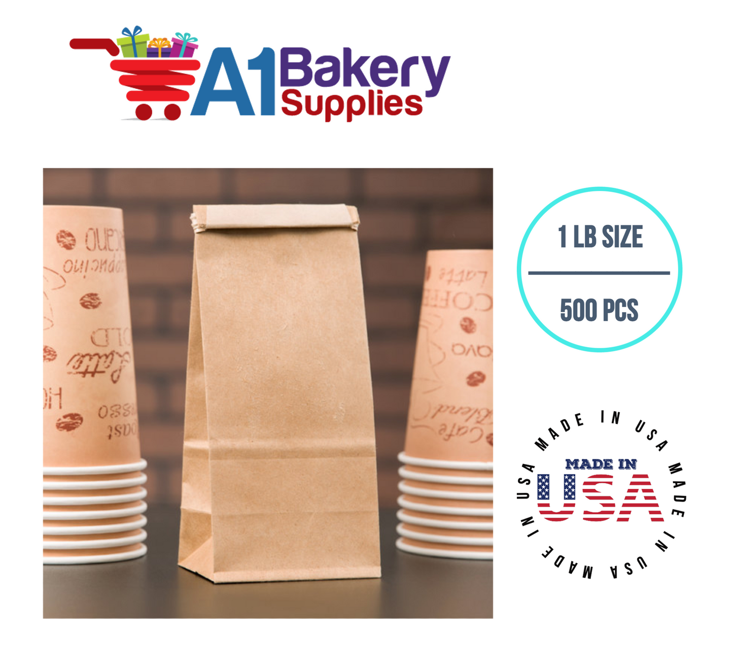 1 LB Size Brown No Window Tin Tie Bags 500 PCS Kraft  Bakery Bags with No Window Resealable Tin Tie Tab Lock Poly-Lined Bags Kraft Paper Bags for Cookies, Coffee