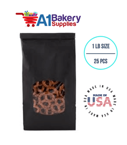 1 LB Size Black Square Window Tin Tie Bags 25 PCS Bakery Bags with Square Window Resealable Tin Tie Tab Lock Poly-Lined Bags Black Paper Bags for Cookies, Coffee