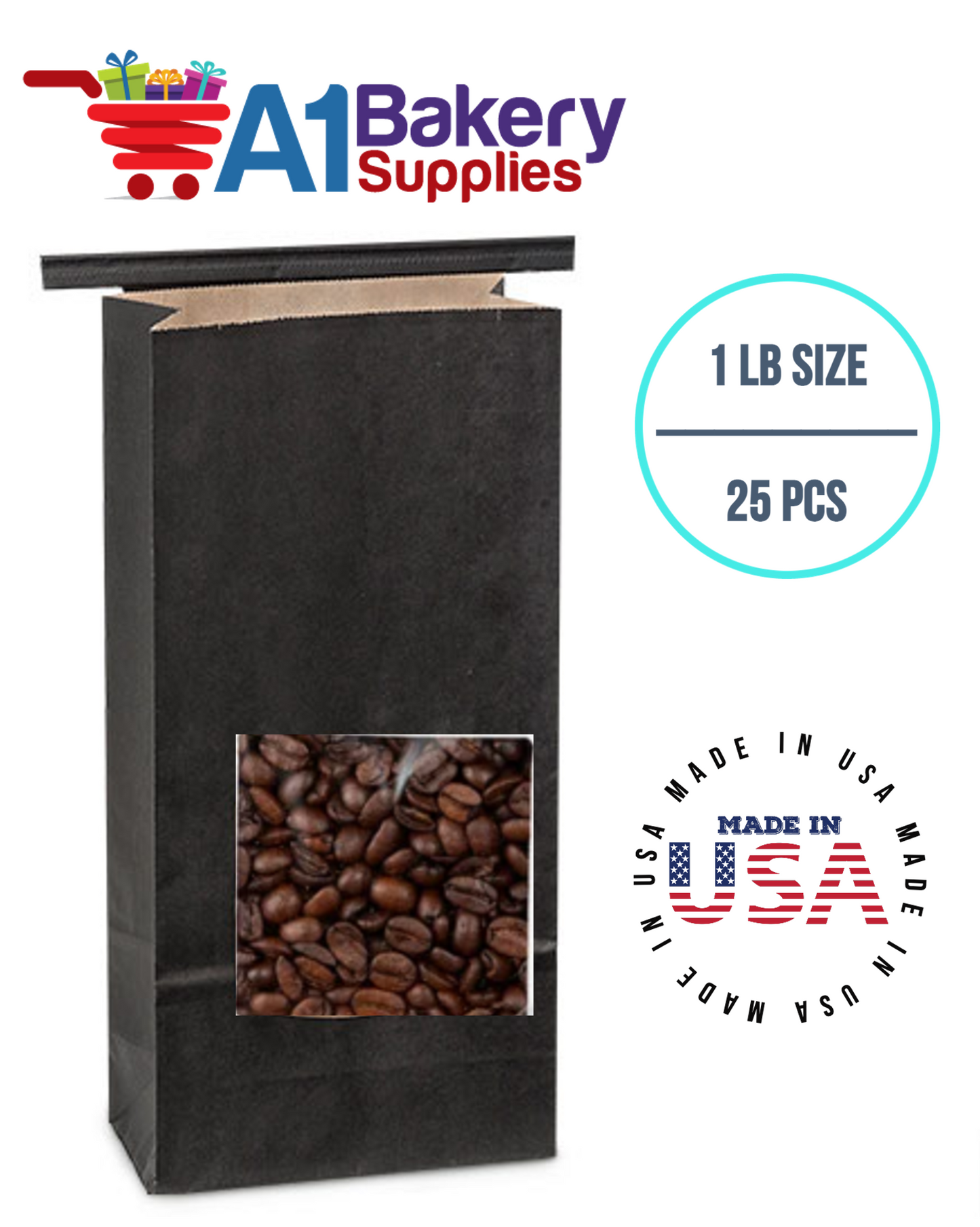 1 LB Tin Tie Bags Black Tin Tie Bags Square Window Tin Tie Bags 25 PCS Bakery Bags with Square Window Resealable Tin Tie Tab Lock Poly-Lined Bags Black Paper Bags for Cookies, Coffee