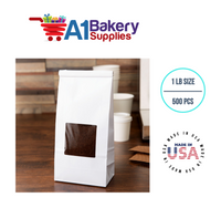1 LB Size White Square Window Tin Tie Bags 500 PCS 9 3/4 Inch (Length) x 4 1/4 Inch (Width) x 2 1/2 Inch (Gusset) White  Bakery Bags with Square Window Resealable Tin Tie Tab Lock Poly-Lined Bags White Paper Bags for Cookies, Coffee
