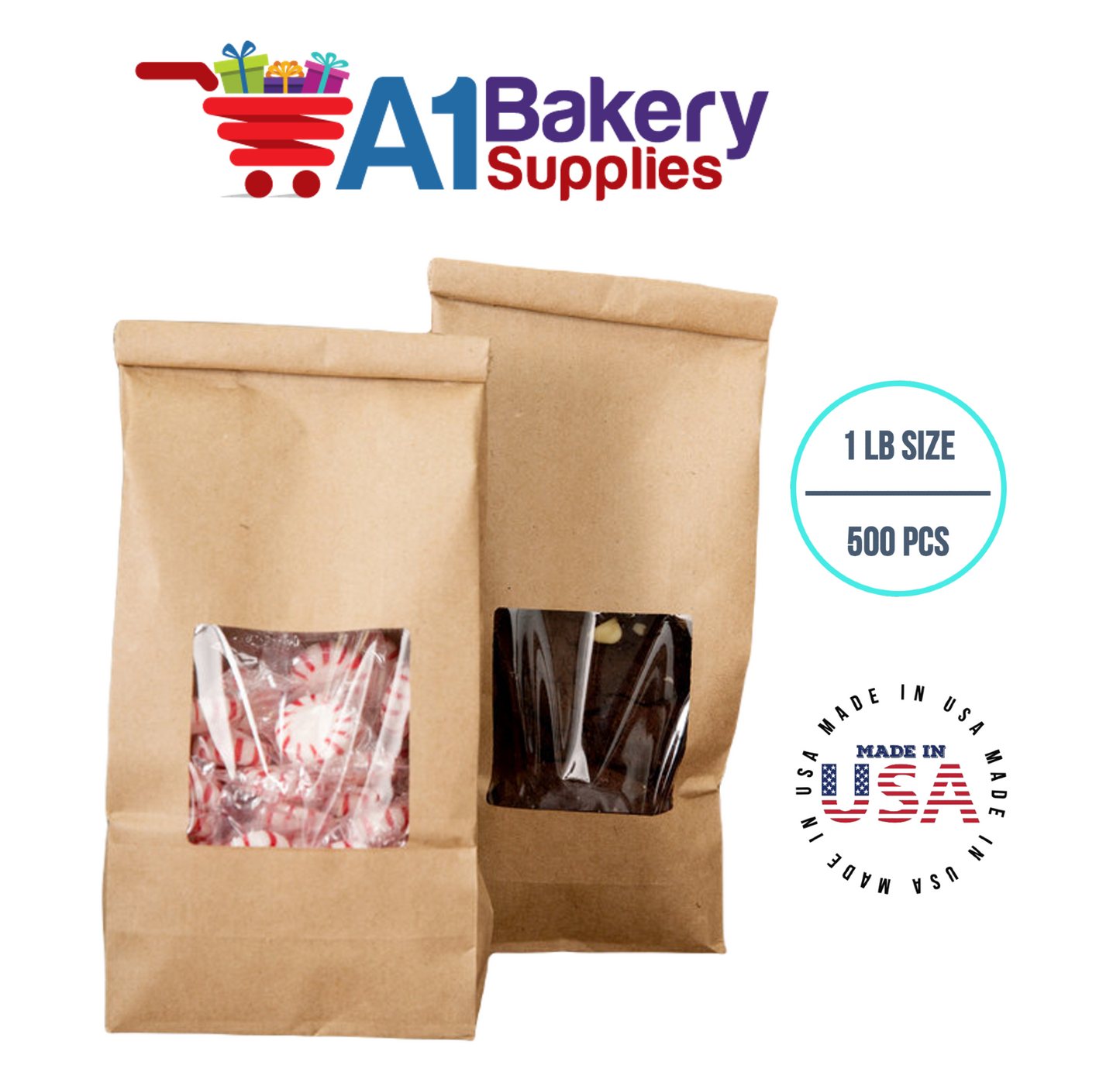 1 LB Size Brown Square Window Tin Tie Bags 500 PCS Kraft  Bakery Bags with Square Window Resealable Tin Tie Tab Lock Poly-Lined Bags Brown Paper Bags for Cookies, Coffee