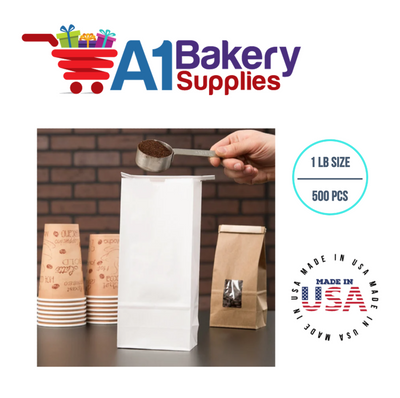 1 LB Size White No Window Tin Tie Bags 500 PCS 9 3/4 Inch (Length) x 4 1/4 Inch (Width) x 2 1/2 Inch (Gusset) White  Bakery Bags with No Window Resealable Tin Tie Tab Lock Poly-Lined Bags White Paper Bags for Cookies, Coffee
