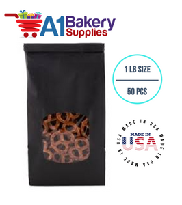 1 LB Size Black Square Window Tin Tie Bags 50 PCS 9 3/4 Inch (Length) x 4 1/4 Inch (Width) x 2 1/2 Inch (Gusset) Black  Bakery Bags with Square Window Resealable Tin Tie Tab Lock Poly-Lined Bags Black Paper Bags for Cookies, Coffee
