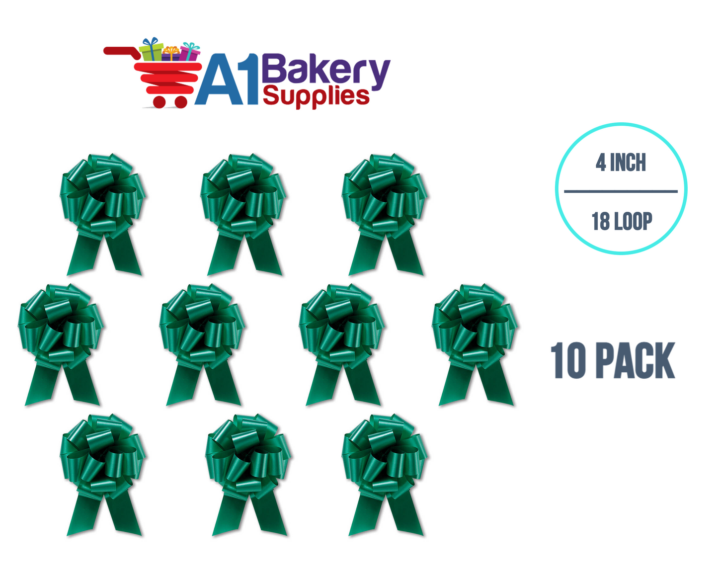 A1BakerySupplies 10 Pieces Pull Bow for Gift Wrapping Gift Bows Pull Bow With Ribbon for Wedding Gift Baskets, 4 Inch 18 Loop Emerald Green Flora Satin Color