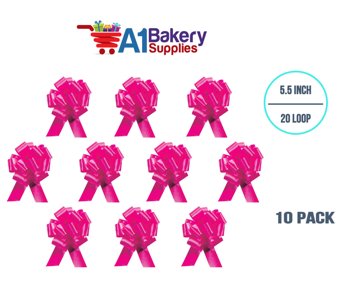 A1BakerySupplies 10 Pieces Pull Bow for Gift Wrapping Gift Bows Pull Bow With Ribbon for Wedding Gift Baskets, 5.5 Inch 20 Loop in Pink Beauty Color