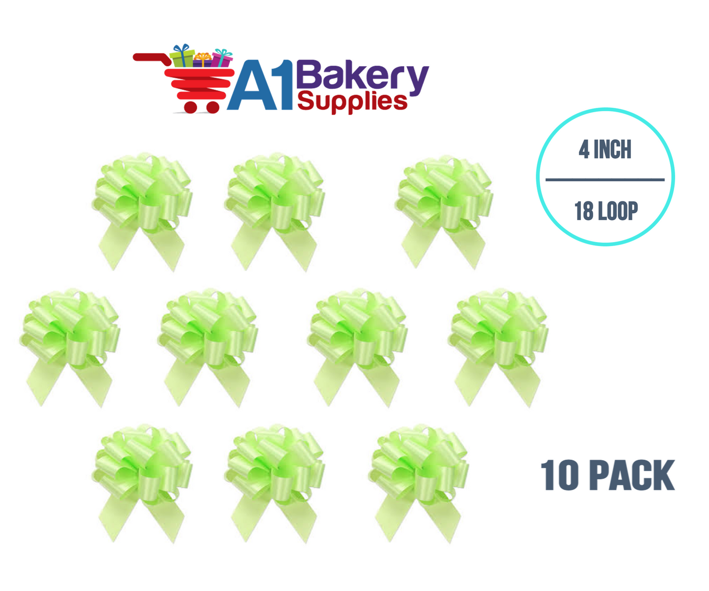 A1BakerySupplies 10 Pieces Pull Bow for Gift Wrapping Gift Bows Pull Bow With Ribbon for Wedding Gift Baskets, 4 Inch 18 Loop Celery Flora Satin Color