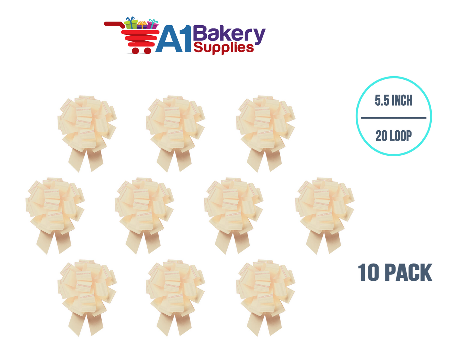 A1BakerySupplies 10 Pieces Pull Bow for Gift Wrapping Gift Bows Pull Bow With Ribbon for Wedding Gift Baskets, 5.5 Inch 20 Loop in Egg Shell Color
