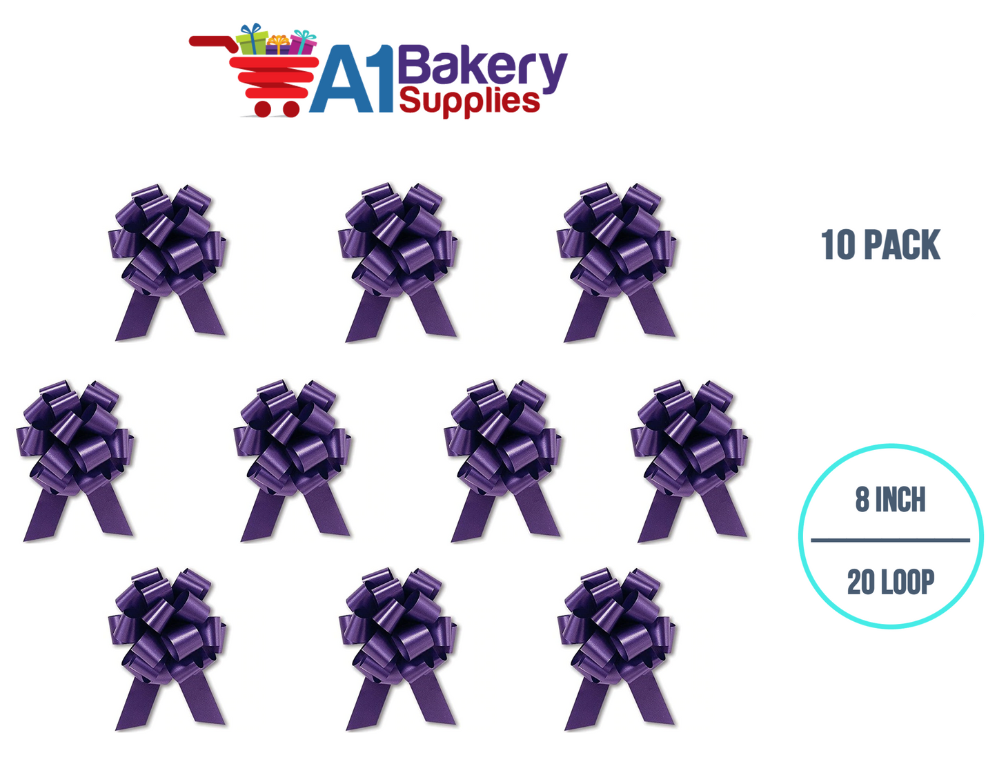 A1BakerySupplies 10 Pieces Pull Bow for Gift Wrapping Gift Bows Pull Bow With Ribbon for Wedding Gift Baskets, 8 Inch 20 Loop Purple Flora Satin Color