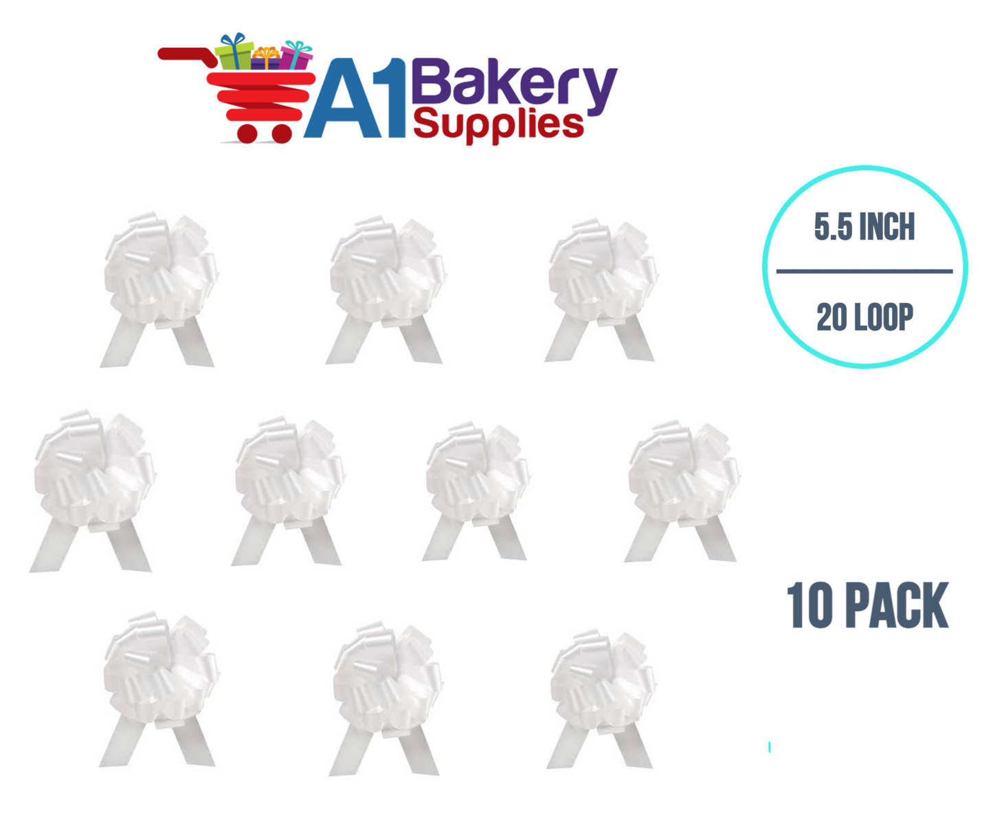 A1BakerySupplies 10 Pieces Pull Bow for Gift Wrapping Gift Bows Pull Bow With Ribbon for Wedding Gift Baskets, 5.5 Inch 20 Loop in White Color