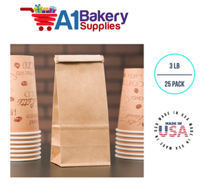 3 LB Size Brown No Window Tin Tie Bags 25 PCS  Kraft  Bakery Bags with No Window Resealable Tin Tie Tab Lock Poly-Lined Bags Kraft Paper Bags for Cookies, Coffee