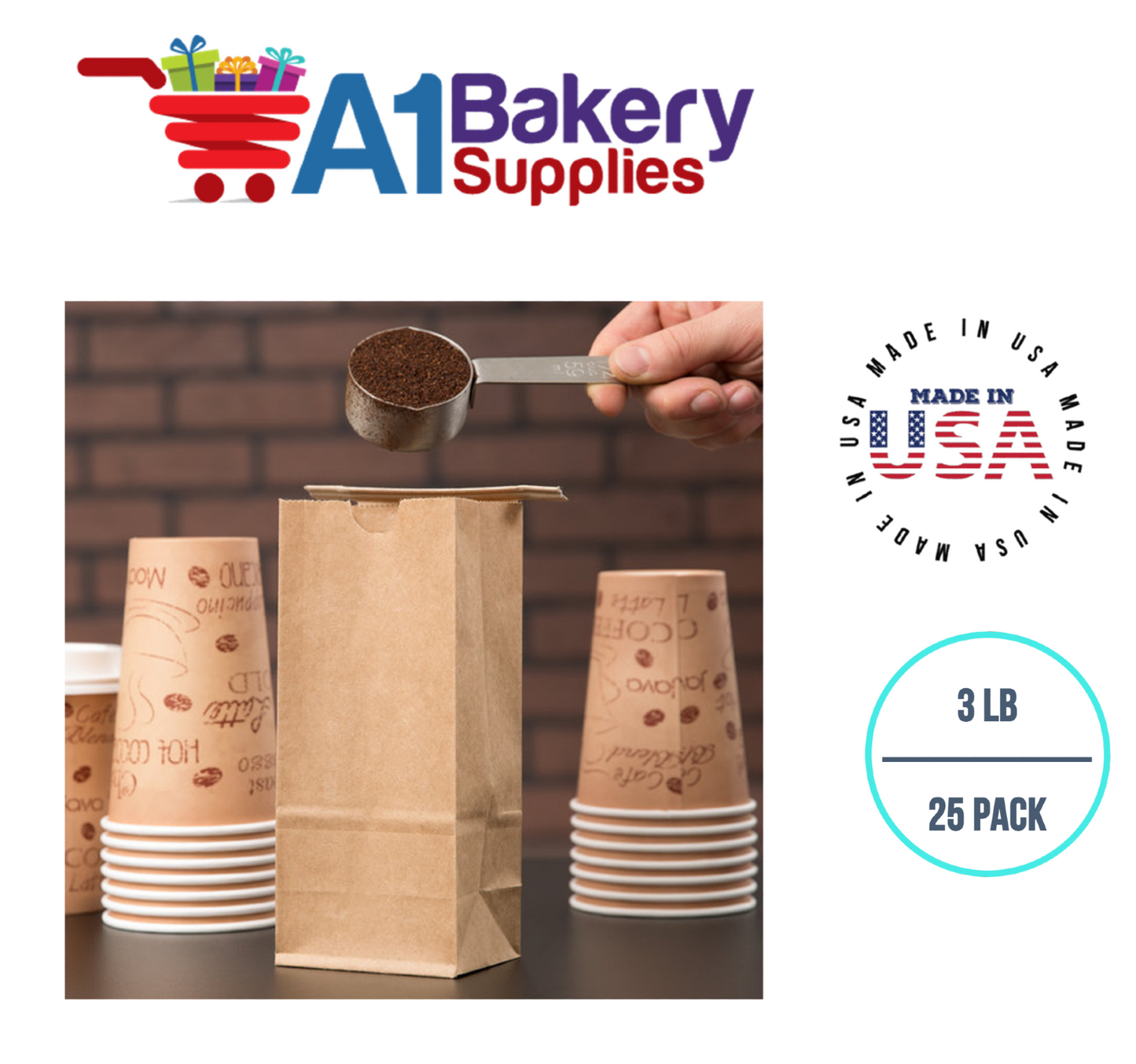 3 LB Size Brown No Window Tin Tie Bags 50 PCS  Kraft  Bakery Bags with No Window Resealable Tin Tie Tab Lock Poly-Lined Bags Kraft Paper Bags for Cookies, Coffee